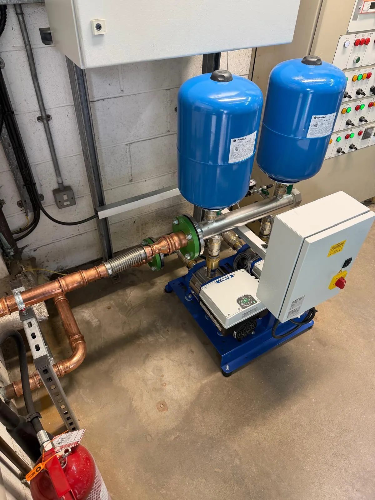 New booster set with twin pressure vessels and control panel in Grangemouth